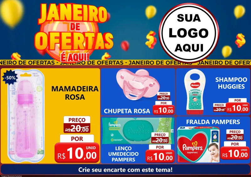 Modelo de Encarte para Encarte A4 Horizontal com o tema Janeiro de Ofertas É Aqui! para Bebês