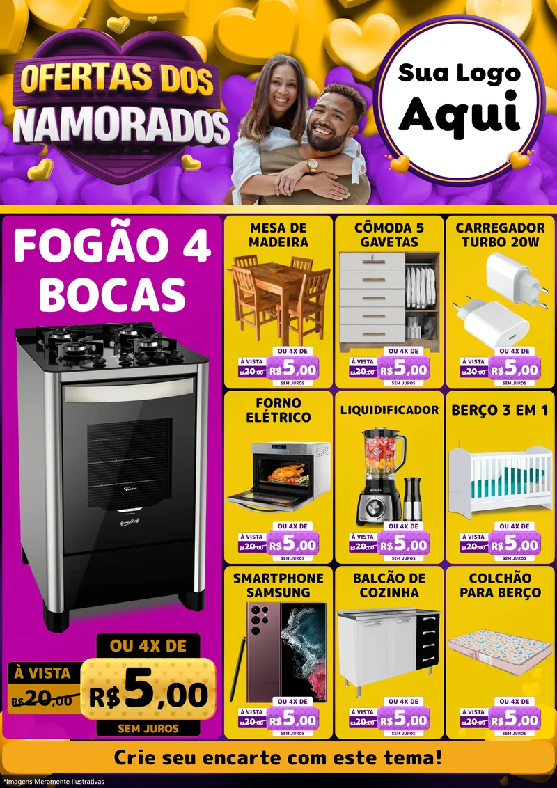 Modelo de Encarte para Encarte A4 Vertical com o tema Oferta Dos Namorados para Móveis e Eletro