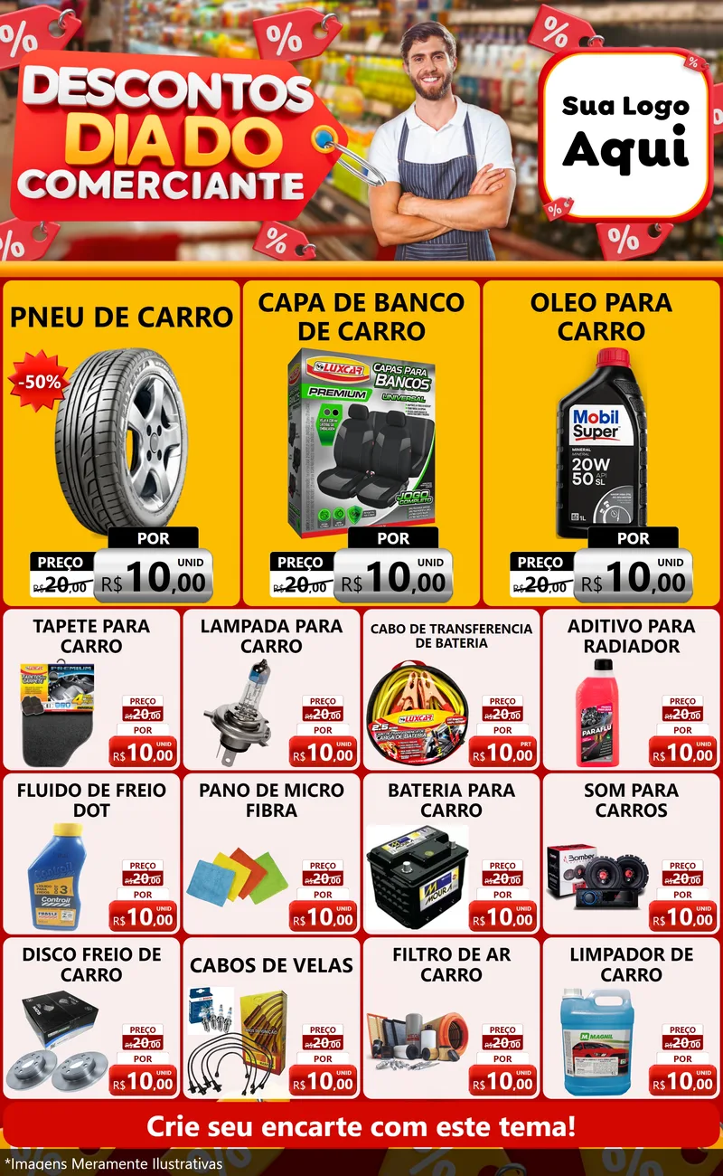 Modelo de Encarte para Encarte Grande com o tema Descontos Dia do Comerciante para Auto peças