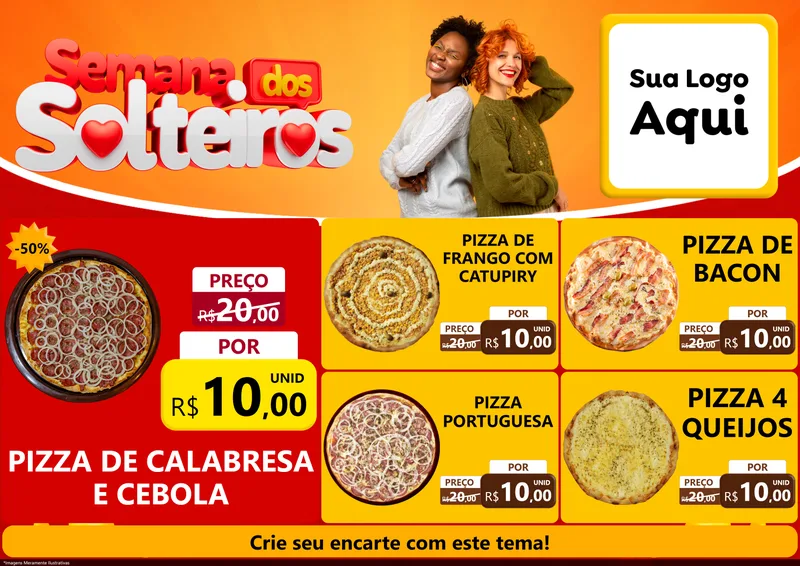 Modelo de Encarte para Encarte A4 Horizontal com o tema Semana dos Solteiros para Pizzaria
