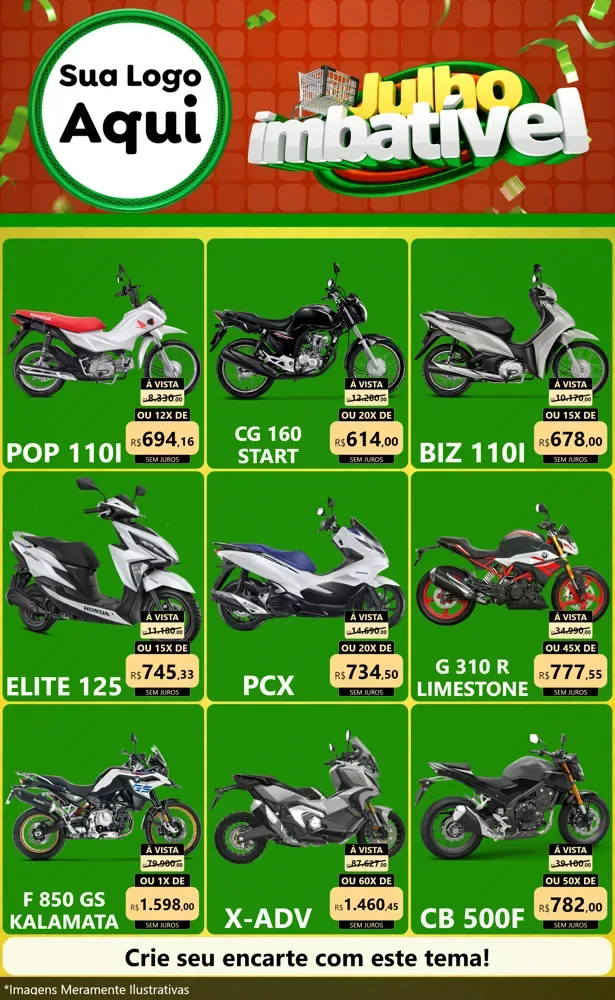 Modelo de Encarte para Encarte Grande com o tema Julho Imbatível para Concessionaria de Motos