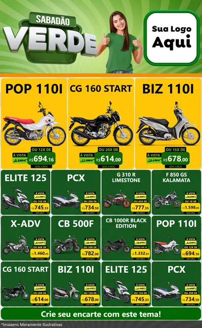 Modelo de Encarte para Encarte Grande com o tema Sabadão Verde para Concessionaria de Motos