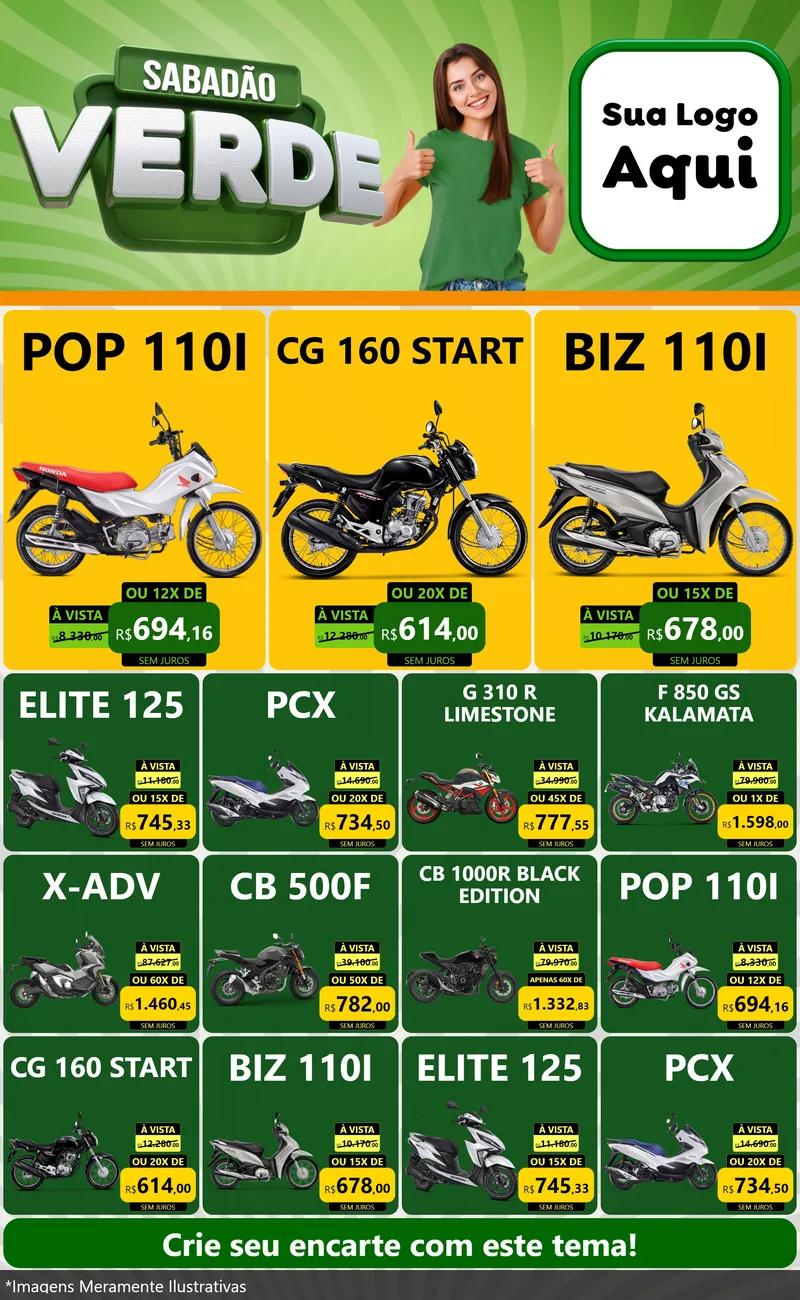 Modelo de Encarte para Encarte Grande com o tema Sabadão Verde para Concessionaria de Motos