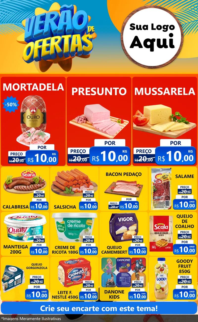 Modelo de Encarte para Encarte Grande com o tema Verão de Ofertas para Frios e Laticínios