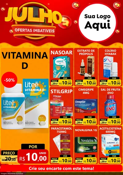 Modelo de Encarte para Encarte A4 Vertical com o tema Julho Ofertas Imbatíveis para Farmácia