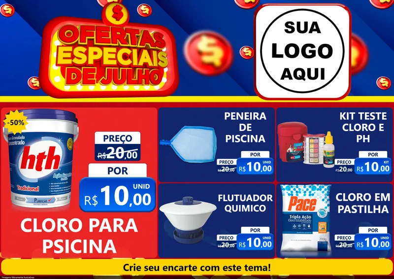 Modelo de Encarte para Encarte A4 Horizontal com o tema Ofertas Especiais de Julho para Produtos para Piscina
