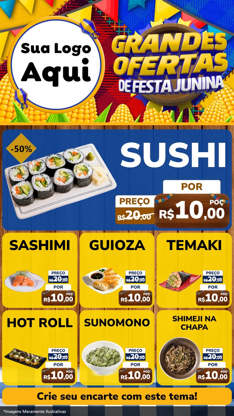 Modelo de Rede Social para Stories com o tema Grandes Ofertas de Festa Junina para Comida japonesa