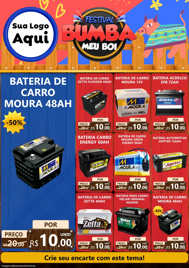 Modelo de Encarte para Encarte A4 Vertical com o tema Festival Bumba Meu Boi para Baterias Elétricas
