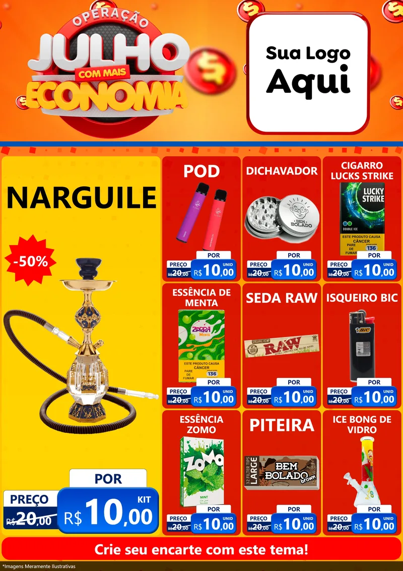 Modelo de Encarte para Encarte A4 Vertical com o tema Operação Julho Com Mais Economia para Tabacaria