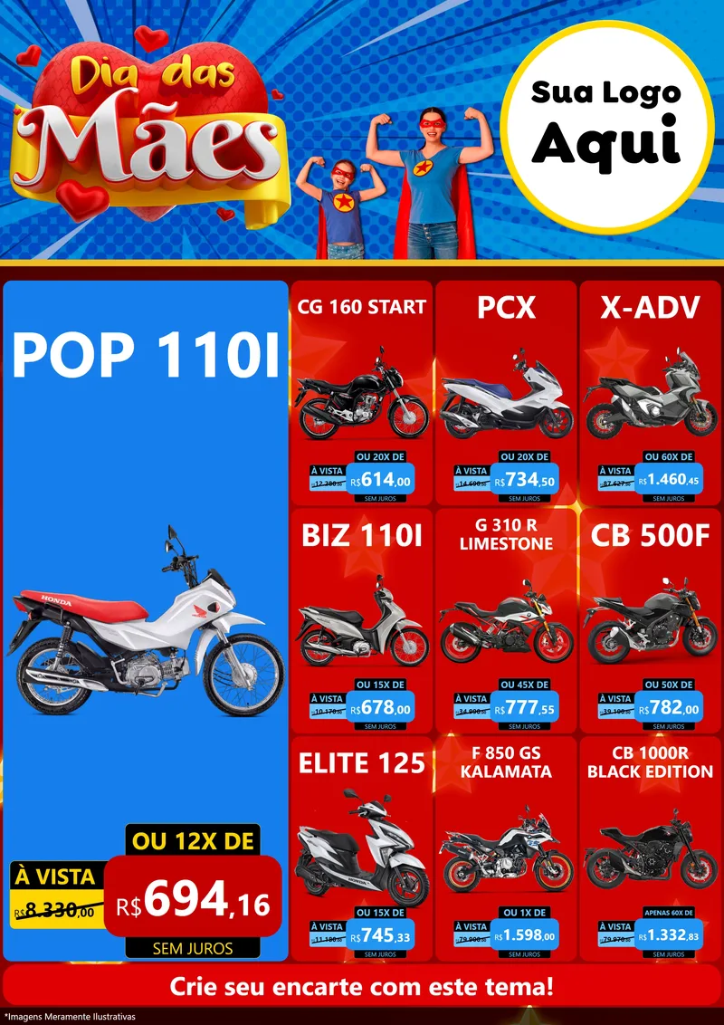 Modelo de Encarte para Encarte A4 Vertical com o tema Dia das Mães para Concessionaria de Motos