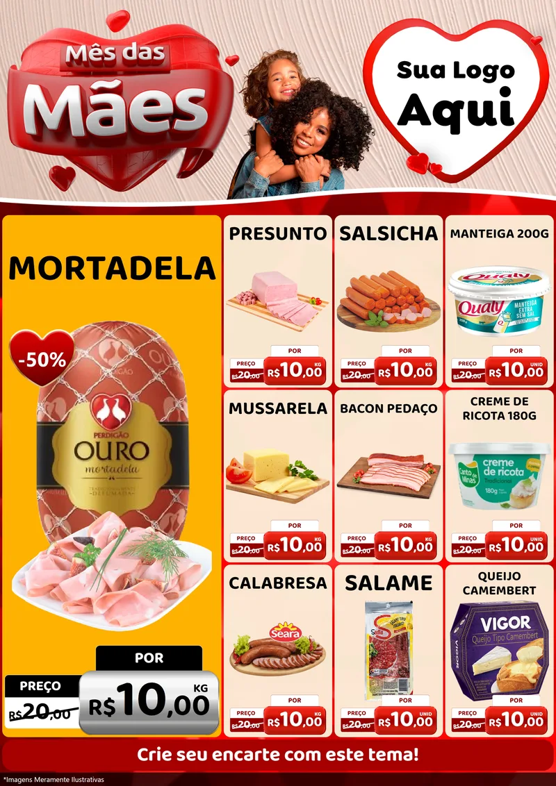 Modelo de Encarte para Encarte A4 Vertical com o tema Mês das Mães para Frios e Laticínios