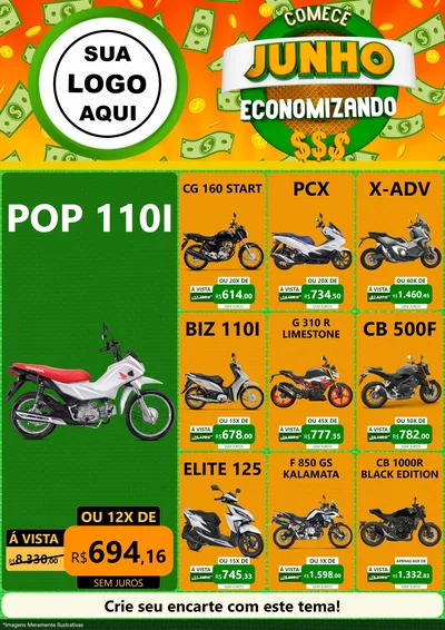 Modelo de Encarte para Encarte A4 Vertical com o tema Comece Junho Economizando para Concessionaria de Motos