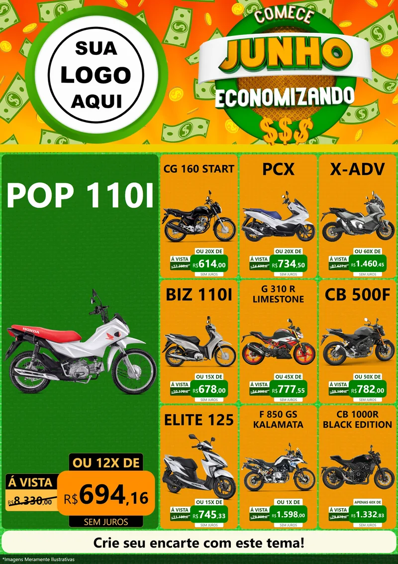 Modelo de Encarte para Encarte A4 Vertical com o tema Comece Junho Economizando para Concessionaria de Motos