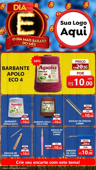 Modelo de Rede Social para Stories com o tema Dia E - O Dia Mais Barato Do Mês para Armarinho e Aviamentos
