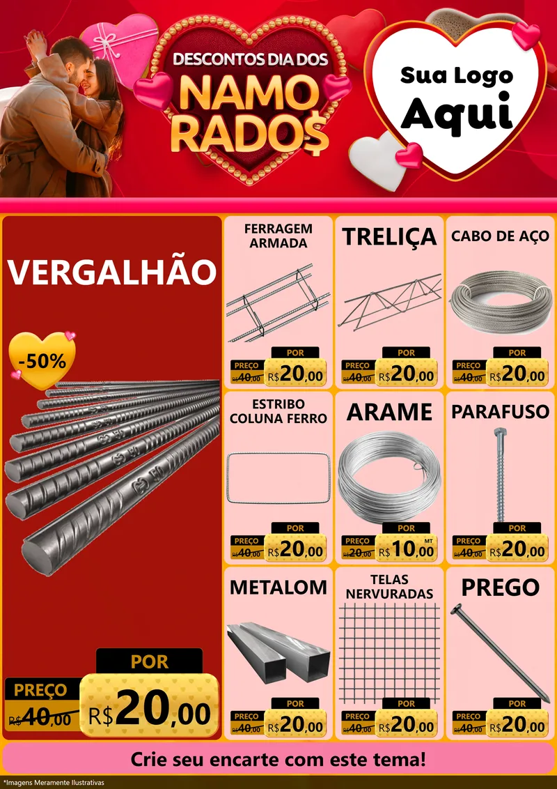 Modelo de Encarte para Encarte A4 Vertical com o tema Descontos Dia dos Namorados para Ferragens