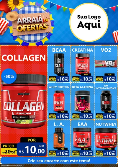 Modelo de Encarte para Encarte A4 Vertical com o tema Arraiá de Ofertas para Suplementos alimentares