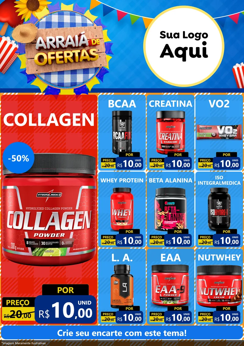 Modelo de Encarte para Encarte A4 Vertical com o tema Arraiá de Ofertas para Suplementos alimentares