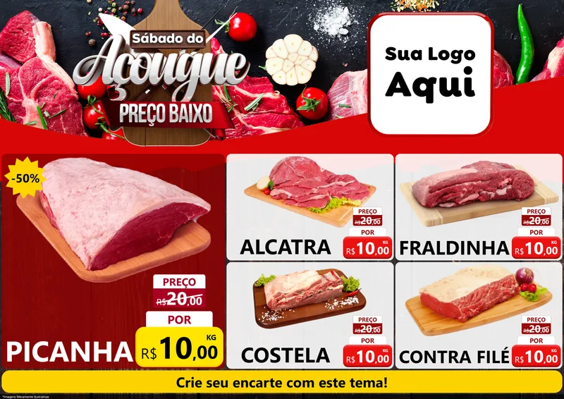 Modelo de Encarte para Encarte A4 Horizontal com o tema Sábado do Açougue Preço Baixo para Açougue
