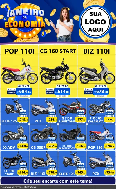 Modelo de Encarte para Encarte Grande com o tema Janeiro da Economia para Concessionaria de Motos