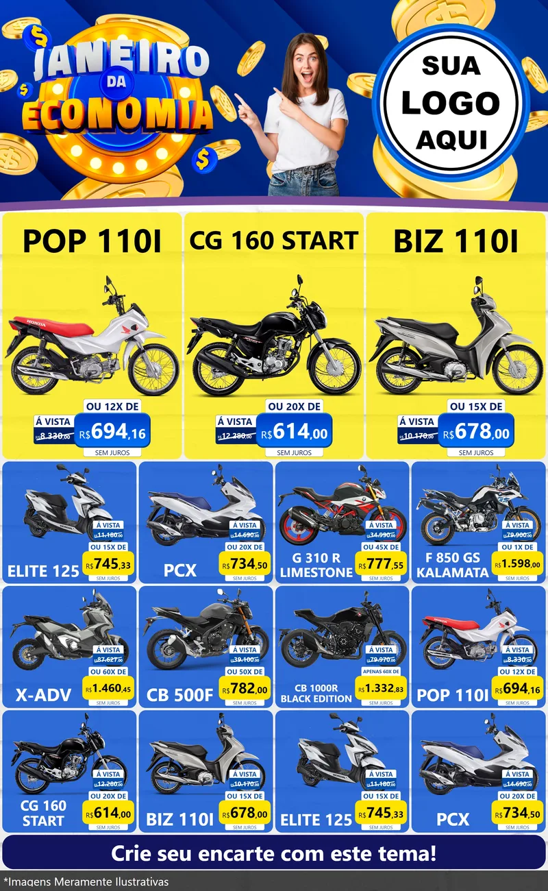 Modelo de Encarte para Encarte Grande com o tema Janeiro da Economia para Concessionaria de Motos