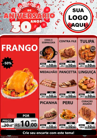 Modelo de Encarte para Encarte A4 Vertical com o tema Promoção de Aniversário - 30 Anos para Assados