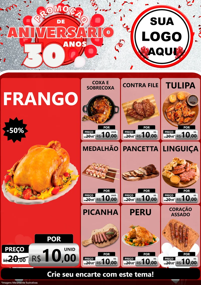 Modelo de Encarte para Encarte A4 Vertical com o tema Promoção de Aniversário - 30 Anos para Assados