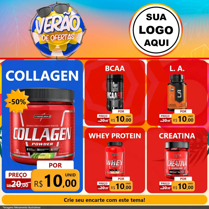 Modelo de Rede Social para Feed Facebook com o tema Verão de Ofertas para Suplementos alimentares