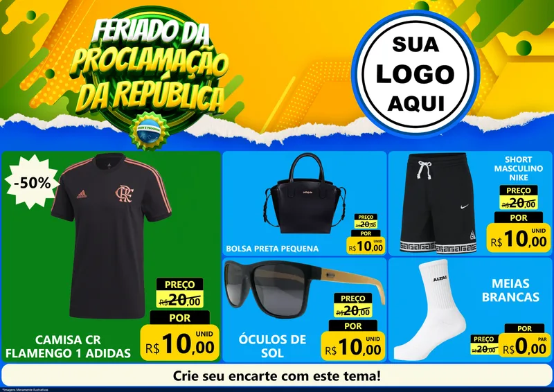 Modelo de Encarte para Encarte A4 Horizontal com o tema Feriado da Proclamação da República para Roupas e acessórios