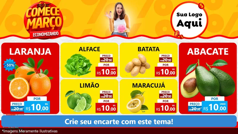 Modelo de TV para TV Horizontal com o tema Comece Março Economizando para Hortifrúti