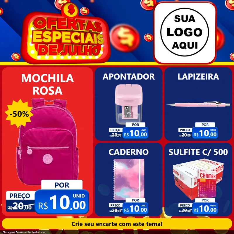 Modelo de Rede Social para Feed Facebook com o tema Ofertas Especiais de Julho para Papelaria