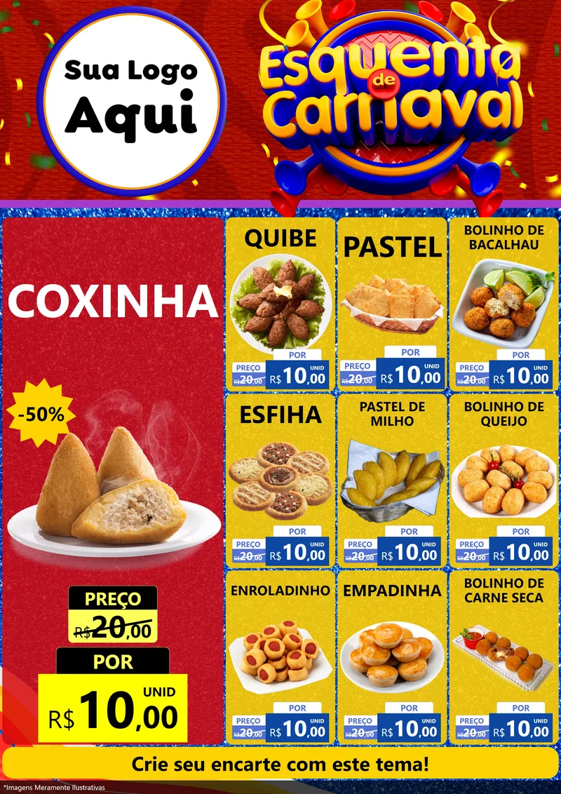 Modelo de Encarte para Encarte A4 Vertical com o tema Esquenta de Carnaval para Salgadaria