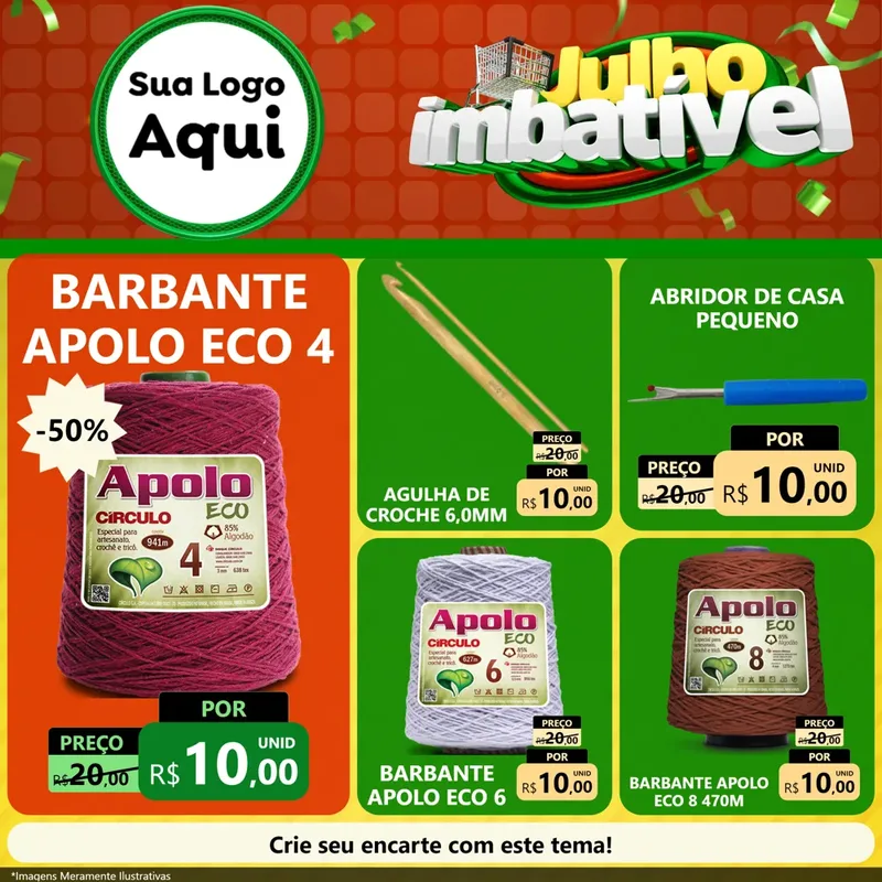 Modelo de Rede Social para Feed Facebook com o tema Julho Imbatível para Armarinho e Aviamentos