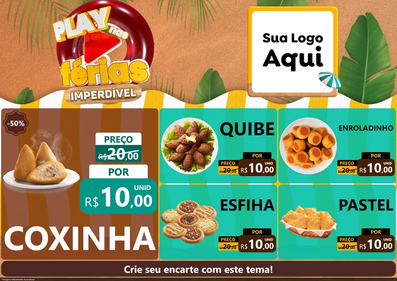 Modelo de Encarte para Encarte A4 Horizontal com o tema Play Nas Férias Imperdível para Salgadaria