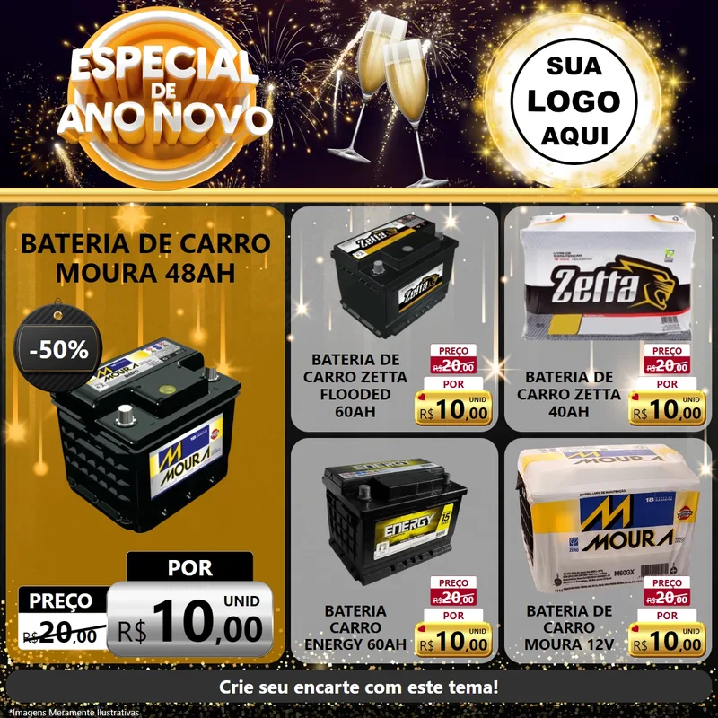 Modelo de Rede Social para Feed Facebook com o tema Especial de Ano Novo para Baterias Elétricas