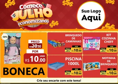 Modelo de Encarte para Encarte A4 Horizontal com o tema Comece Julho Economizando para Brinquedos