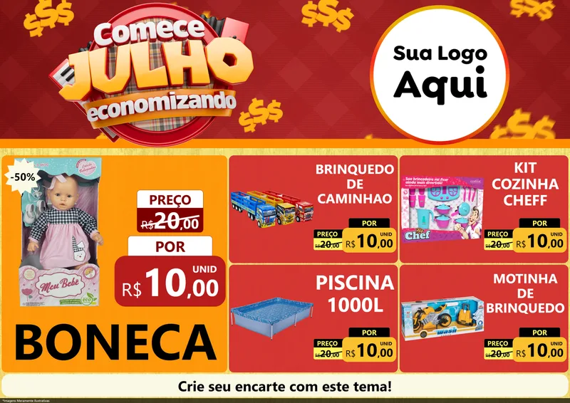 Modelo de Encarte para Encarte A4 Horizontal com o tema Comece Julho Economizando para Brinquedos