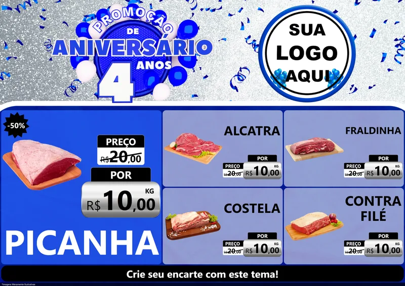 Modelo de Encarte para Encarte A4 Horizontal com o tema Promoção de Aniversário - 4 Anos para Açougue