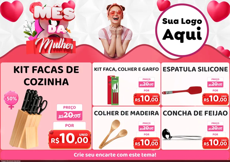 Modelo de Encarte para Encarte A4 Horizontal com o tema Mês da Mulher para Utilidades Domésticas