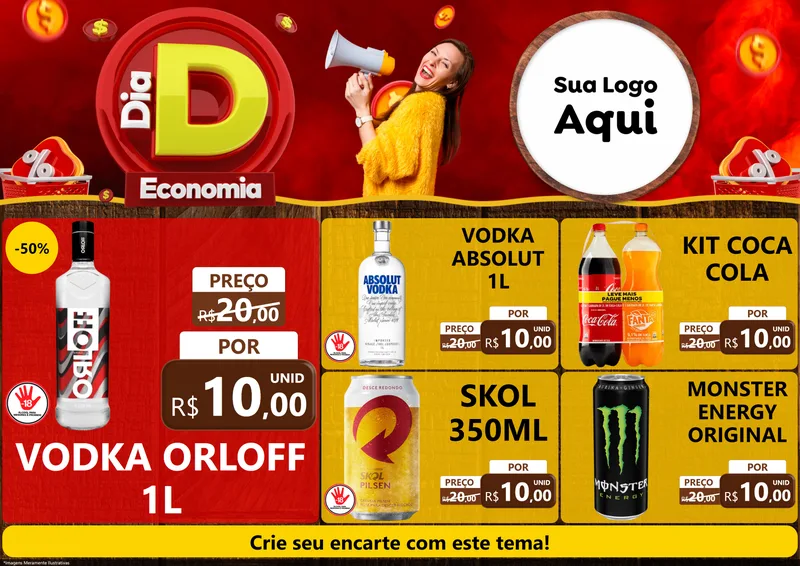 Modelo de Encarte para Encarte A4 Horizontal com o tema Dia D Economia para Distribuidora de bebidas