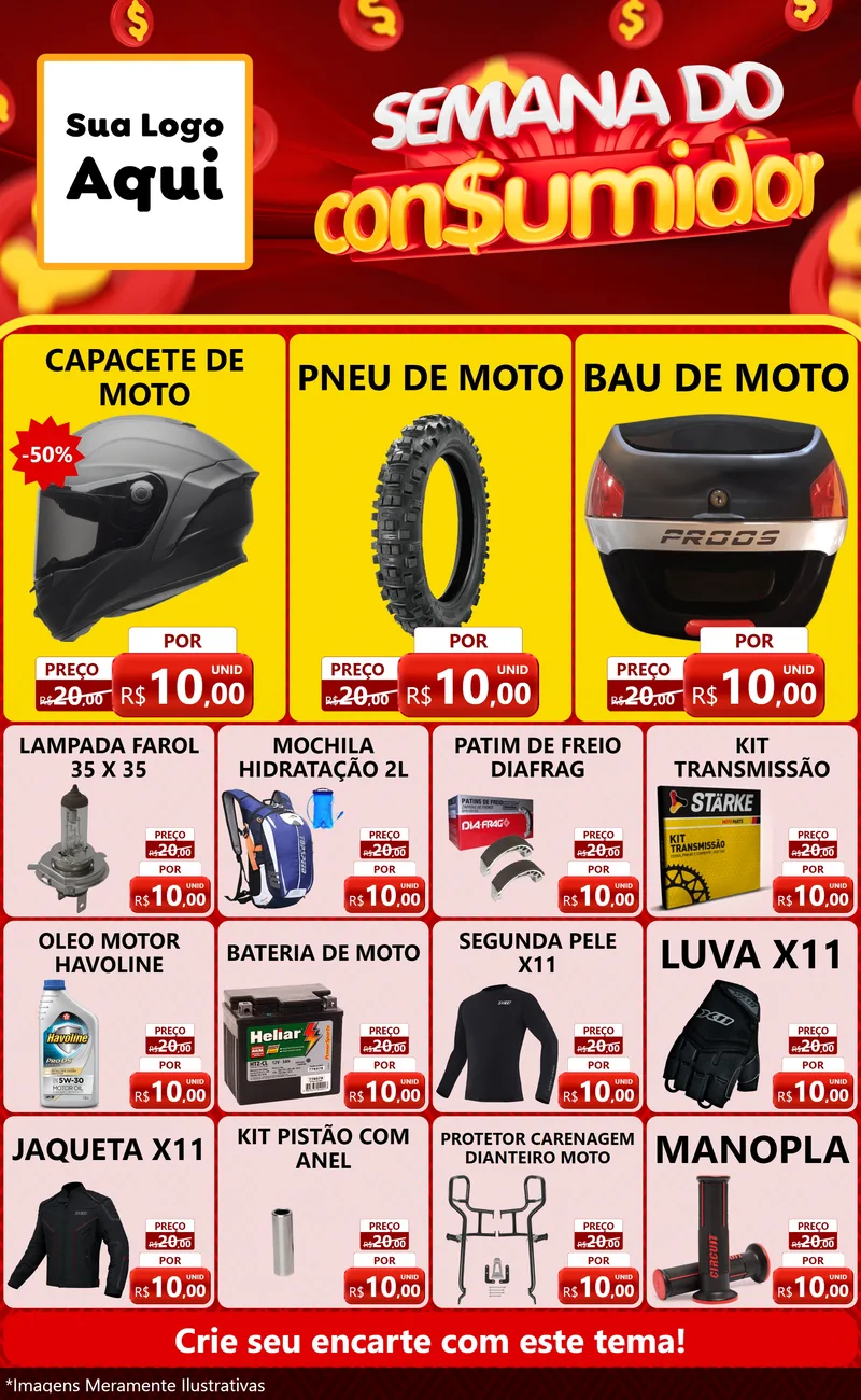 Modelo de Encarte para Encarte Grande com o tema Semana do Consumidor para Moto peças