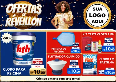 Modelo de Encarte para Encarte A4 Horizontal com o tema Ofertas de Réveillon para Produtos para Piscina