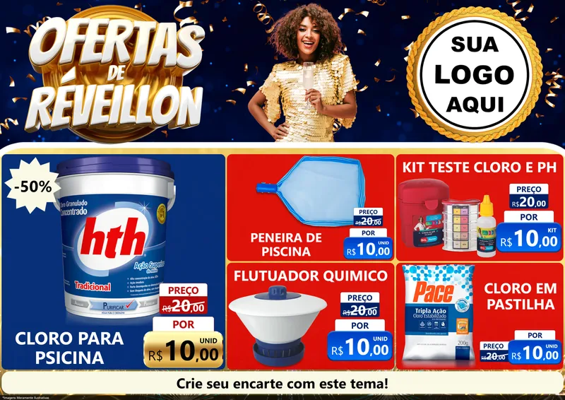 Modelo de Encarte para Encarte A4 Horizontal com o tema Ofertas de Réveillon para Produtos para Piscina