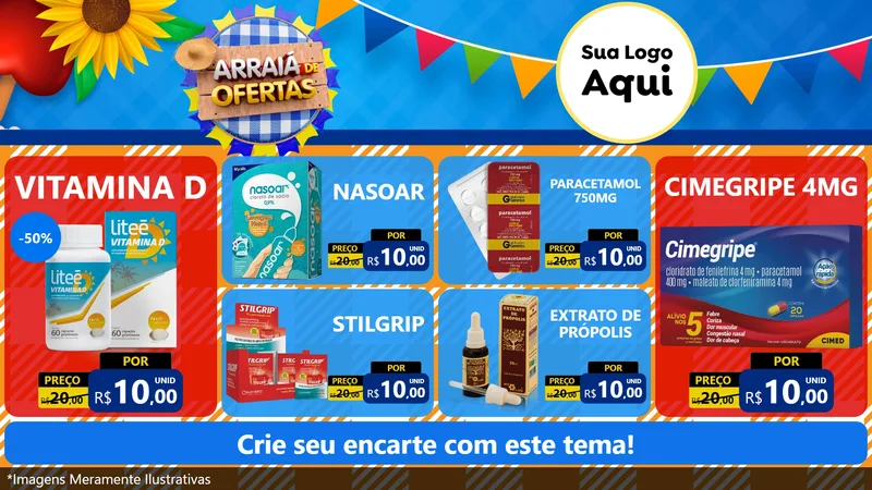 Modelo de TV para TV Horizontal com o tema Arraiá de Ofertas para Farmácia