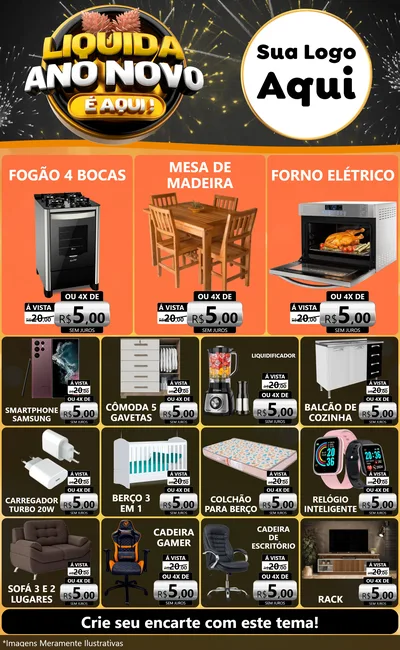 Modelo de Encarte para Encarte Grande com o tema Liquida Ano Novo É Aqui! para Móveis e Eletro