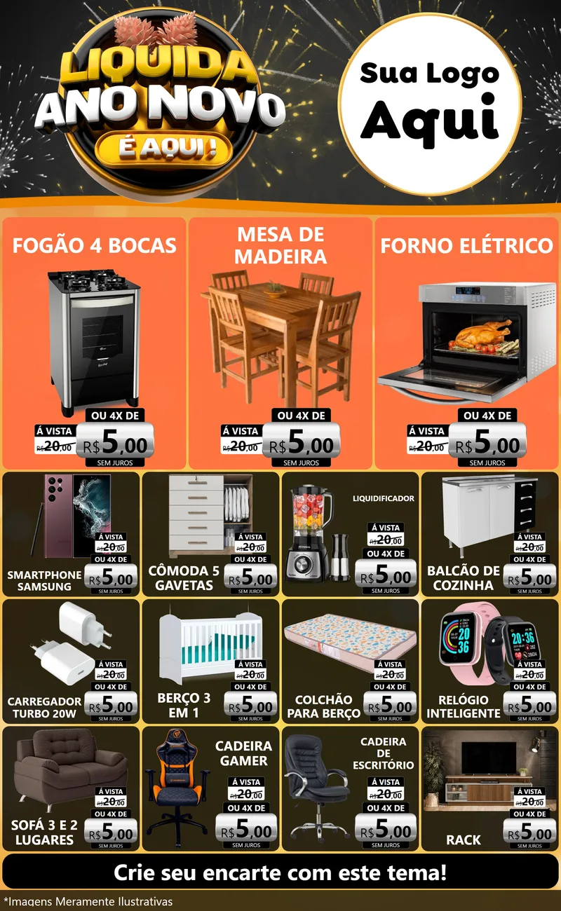 Modelo de Encarte para Encarte Grande com o tema Liquida Ano Novo É Aqui! para Móveis e Eletro