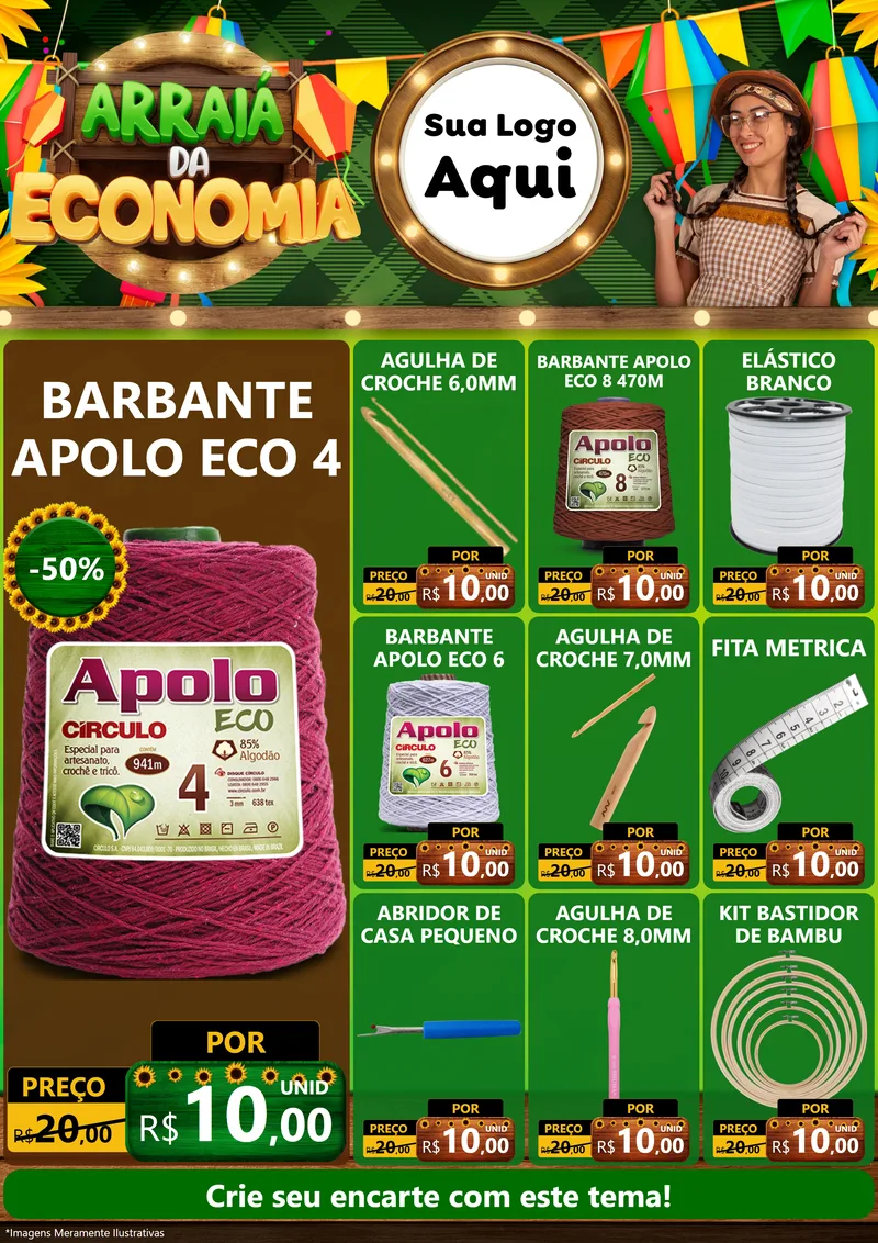 Modelo de Encarte para Encarte A4 Vertical com o tema Arraiá de Economia para Armarinho e Aviamentos