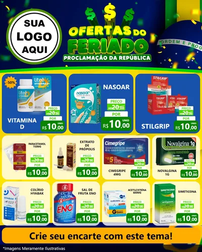 Modelo de Rede Social para Feed Instagram com o tema Ofertas do Feriado - Proclamação da República para Farmácia