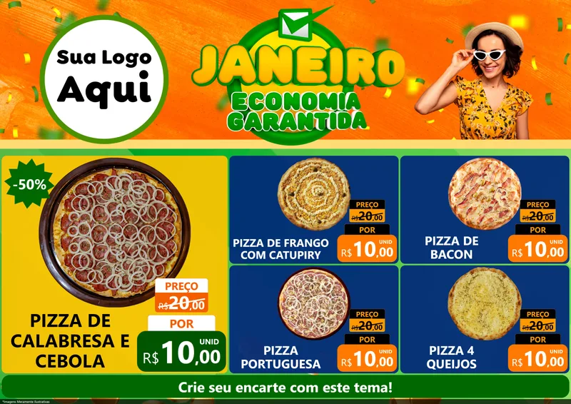 Modelo de Encarte para Encarte A4 Horizontal com o tema Janeiro - Economia Garantida para Pizzaria