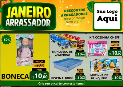 Modelo de Encarte para Encarte A4 Horizontal com o tema Janeiro Arrasador para Brinquedos