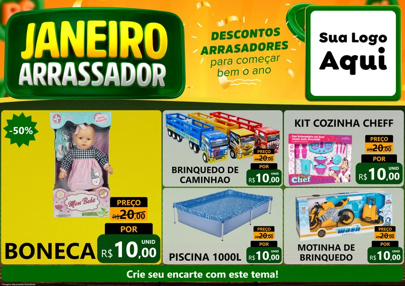 Modelo de Encarte para Encarte A4 Horizontal com o tema Janeiro Arrasador para Brinquedos